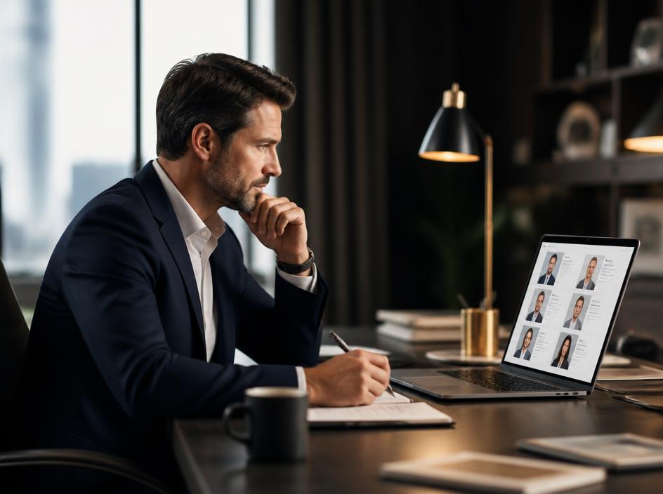 Business leader reviewing candidate profiles on a laptop