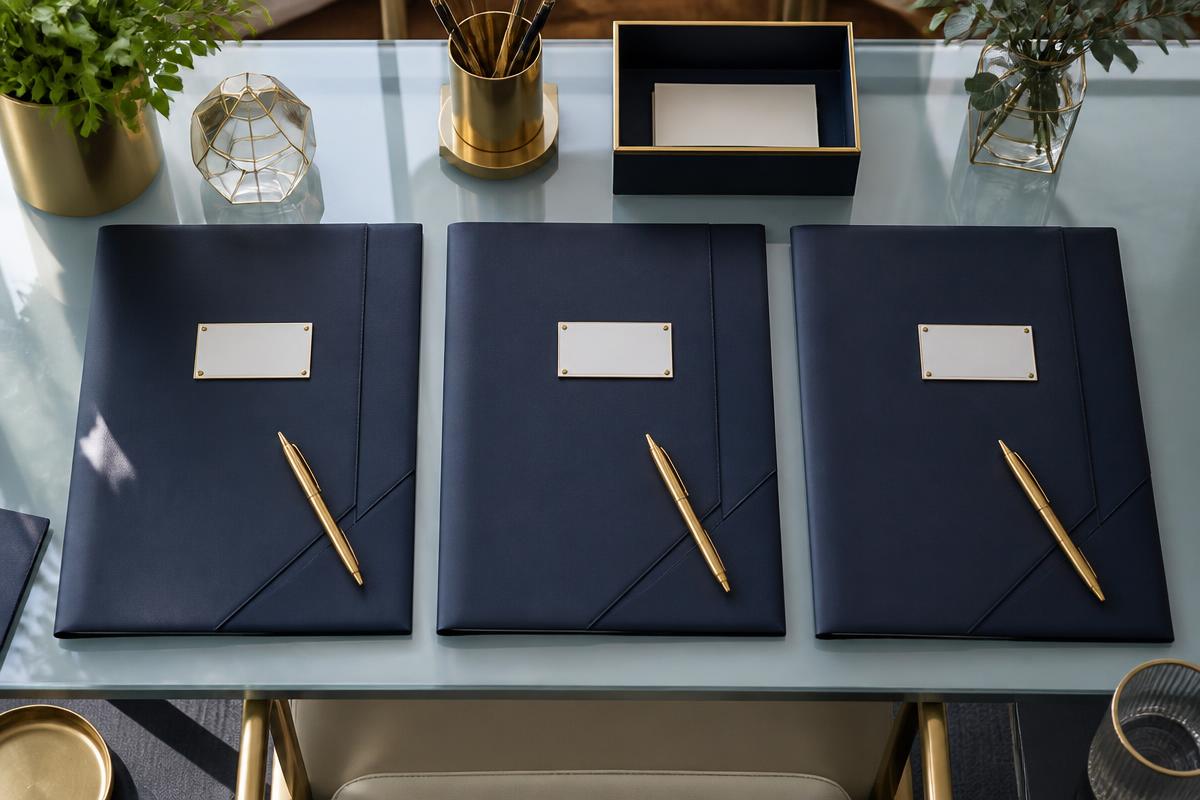Three identical proposal folders ready for comparison